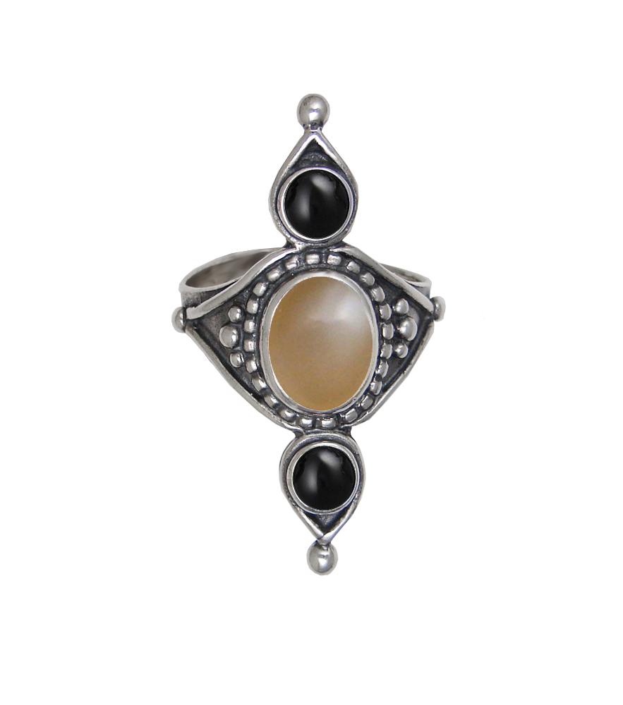 Sterling Silver Royal Ring With Peach Moonstone And Black Onyx Size 10
